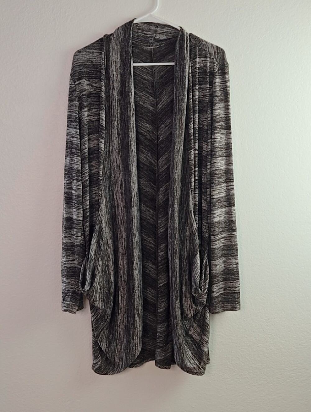 Women’s Black Gray Marled Long Open Front Cardigan Pockets Size XL
